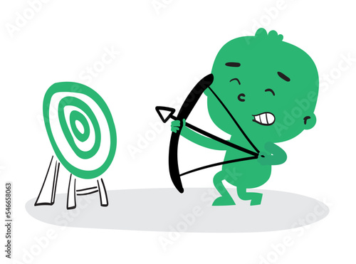 Dibujo garabato en vectores de personaje divertido estilo caricatura apuntando con arco y flecha a un blanco.