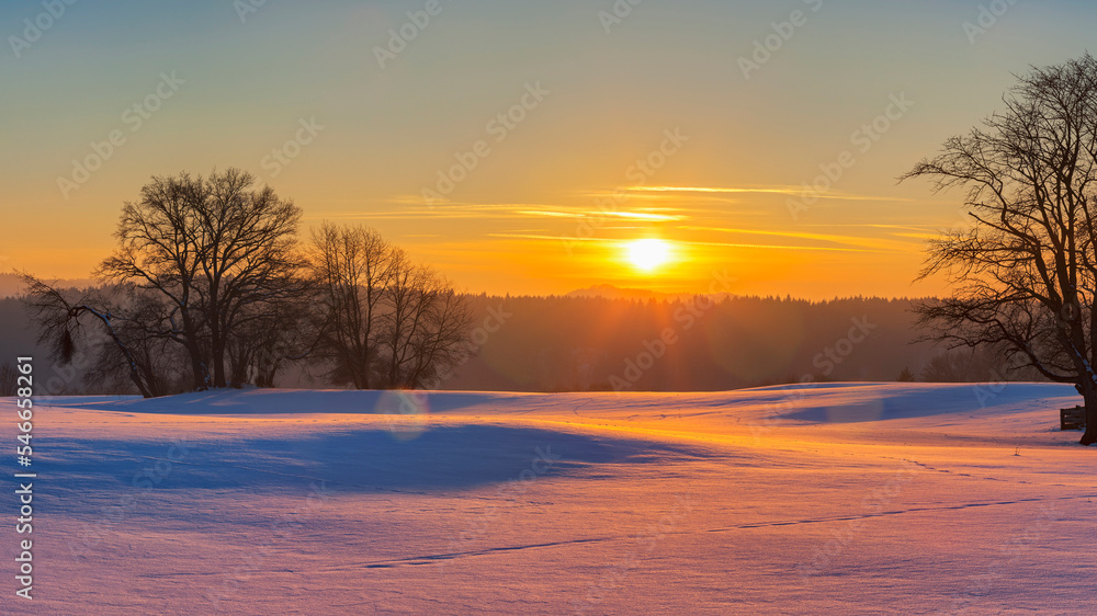 Scenic view of sunset and snow field Scenic view of sunset and snow field