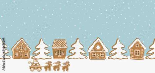 Gingerbread village. Christmas background. Seamless border. There are gingerbread houses and fir trees on light blue background. Santa Claus is riding on deer. Vector illustration