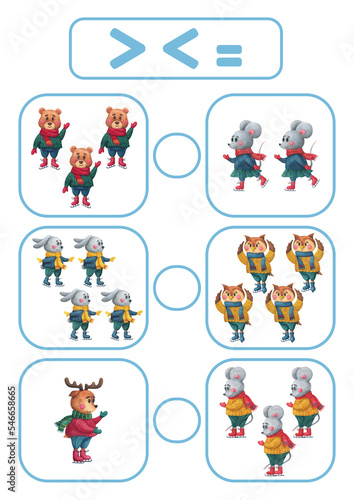 Christmas Activity page, sheet for kids. Arithmetic task for comparing numbers. A game for teaching a child. Exercise with a drawing of winter animals. The lesson of counting more, less, equal