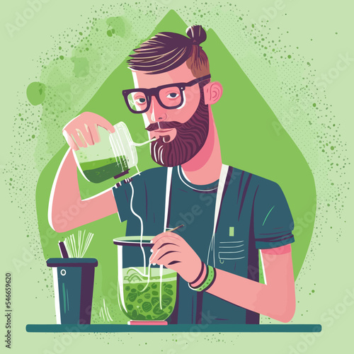 Vector illustration of a hipster making a green smoothie