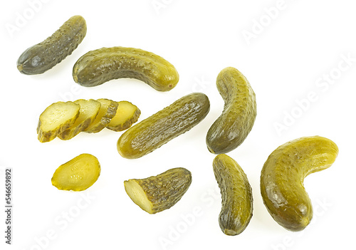 Collection of pickled cucumbers and slices isolated on a white background. Pickled gherkins. Cornichons.