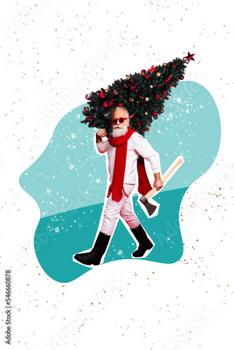 Composite collage picture image of walking confident stylish cool old man ax cutting christmas tree decoration long red scarf handsome
