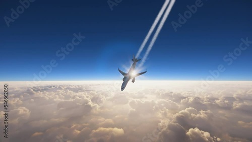 Airplane falling from the sky towards the earth. Imminent plane crash as an aircraft falls down due to technical problems photo