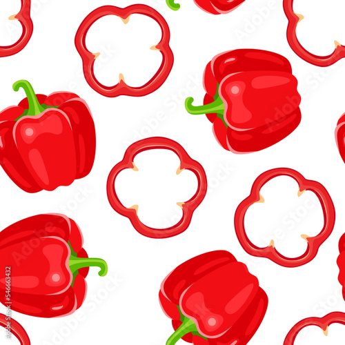 Sweet bell pepper whole and slices seamless pattern. Vector background with paprika. Cartoon flat illustration of fresh red vegetables.