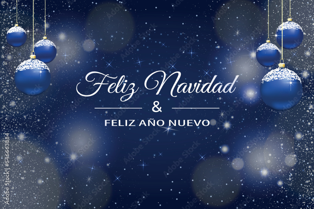 tarjeta o pancarta para desear una Feliz Navidad y un Feliz Año Nuevo en blanco sobre un fondo azul con brillo, estrellas y círculos en efecto bokeh y a cada lado de las bolas azules de Navidad