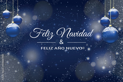 tarjeta o pancarta para desear una Feliz Navidad y un Feliz Año Nuevo en blanco sobre un fondo azul con brillo, estrellas y círculos en efecto bokeh y a cada lado de las bolas azules de Navidad