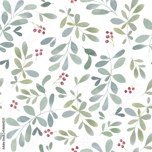 Watercolor holly berry Christmas seamless pattern. Traditional red and green holiday winter background. Wrapping paper, Cute Christmas apparel. 