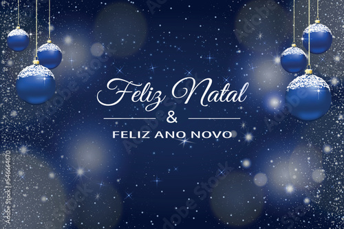 cartão ou banner para desejar um feliz natal e um feliz ano novo em branco sobre um fundo azul com glitter, estrelas e círculos em efeito bokeh e em cada lado de bolas de natal azuis