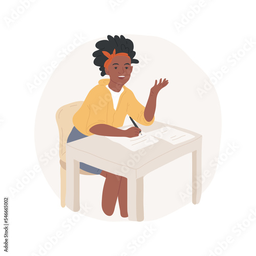 Essay writing isolated cartoon vector illustration. Teaching, high school curriculum education, student reads assignment aloud in classroom, storytelling summary, writing exam vector cartoon.