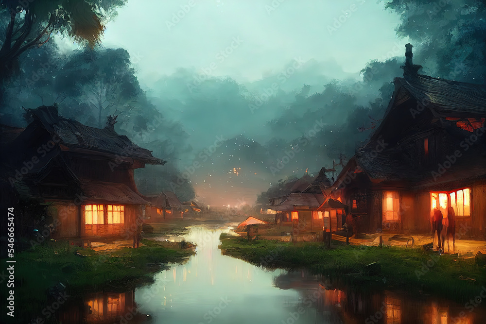 Traditional Japanese rural village in Kyoto, Japan. Wooden huts in pastoral landscape setting at night. Concept art illustration in the style of manga and anime with traditional asian architecture, Stock Illustration | Traditional Japanese rural village in Kyoto, Japan. Wooden huts in pastoral landscape setting at night. Concept art illustration in the style of manga and anime with traditional asian architecture, Stock Illustration |