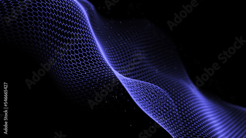 Digital gradient hexagon blue wave on the dark background. The futuristic abstract structure of network connection. Analysis and searching of data. 3D rendering.