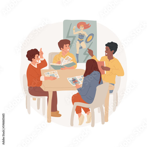 Comic book club isolated cartoon vector illustration. Group of teenagers sitting at table reading, discuss comic book, club member, middle school hobby, meeting in library vector cartoon.