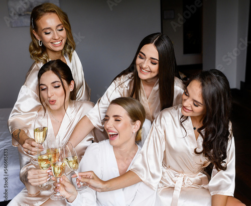 Bridesmaids and fiancee clinking glaases of drink indoors