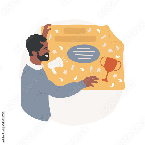 Contest announcement isolated cartoon vector illustration. Teacher hanging poster on the wall, announcing year book design contest, call for talent, cover competition, promotion vector cartoon.
