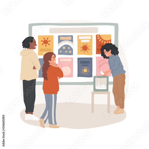 Choosing a cover isolated cartoon vector illustration. Contest exhibition in a hall, voting day, choosing a year book cover, collage of students works, school creativity vector cartoon.