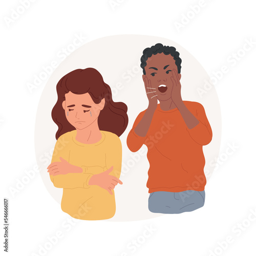Verbal bullying isolated cartoon vector illustration. Student shouting in the back of another, verbal assault, crying child, shaming at school, bullying problem, embarrassment vector cartoon. photo