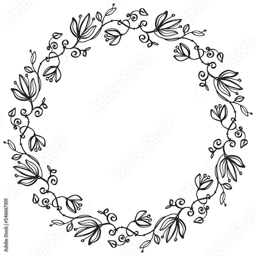 Wreath with decorative flowers - vector round composition. Black lines. Doodle.