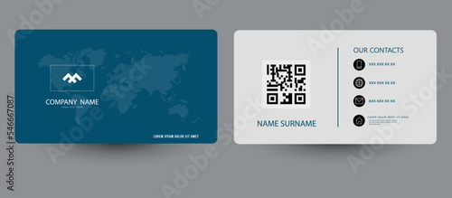 Blue business card with world map. Vector template. Flyer for printing. Presentation graph