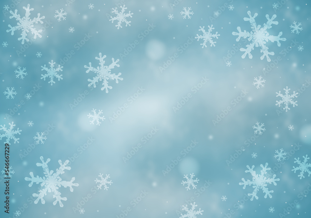 Winter background with snowflakes in different shapes.