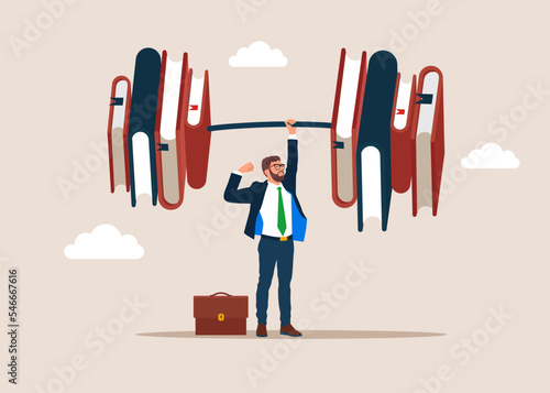 Businessman lifts weights, barbell is made up of books. Flat modern vector illustration.
