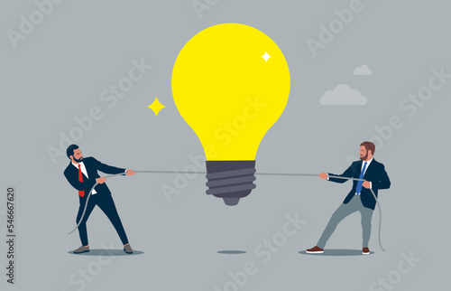 Two businessmen tug of war, common pull lamp symbol. Flat modern vector illustration.