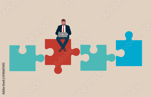 Businessman is sitting on a piece of a puzzle. Business concept. Flat modern vector illustration