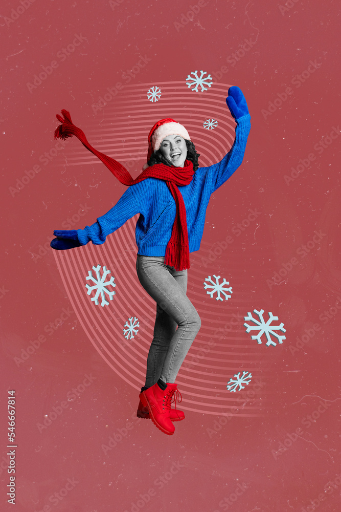 Creative photo 3d collage artwork poster postcard picture card of happy girl dancing enjoy holiday event isolated on painting background