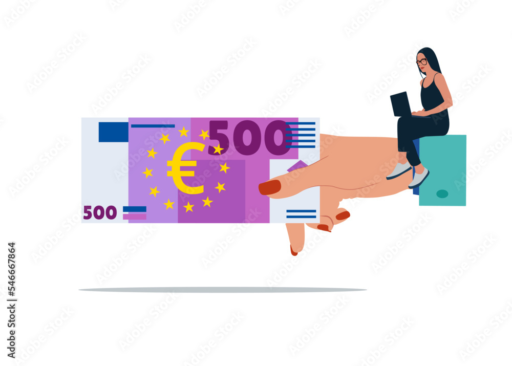 Businesswoman sends a money euro. Flat modern vector illustration.