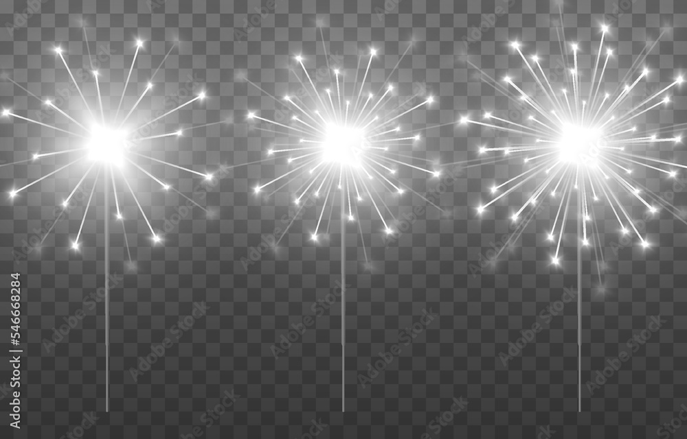Vector sparklers on an isolated transparent background. White sparklers
