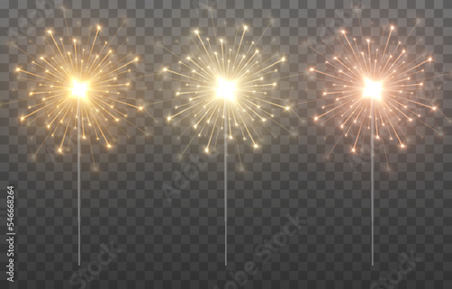 Vector sparklers on an isolated transparent background. Gold sparklers png. Sparks, fireworks png. Christmas light.
