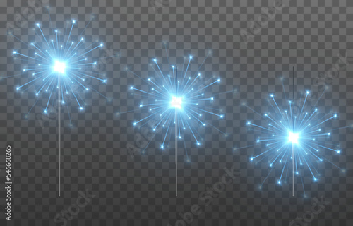 Vector sparklers on an isolated transparent background. Blue sparklers png. Sparks, fireworks png. Christmas light.