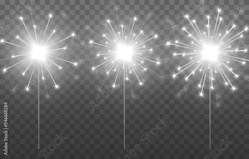 Vector sparklers on an isolated transparent background. White sparklers png. Sparks, fireworks png. Christmas light.