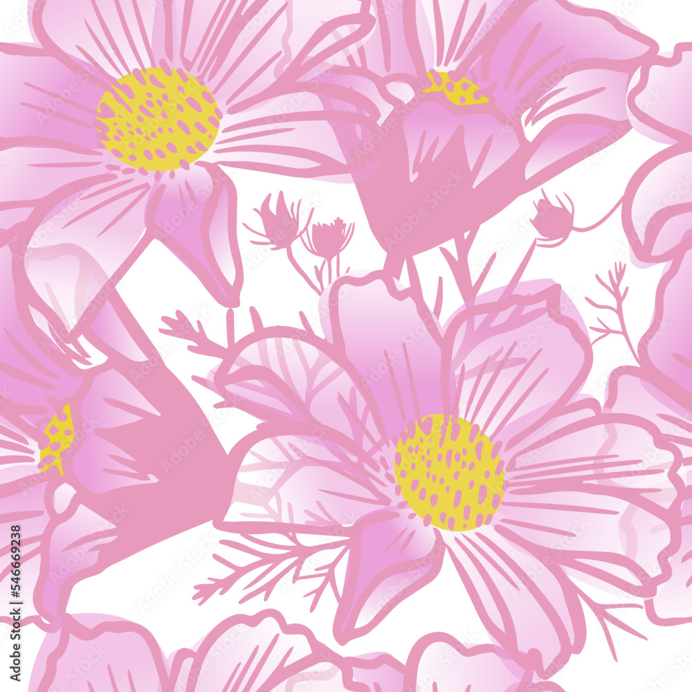 Obraz premium Cosmos pink flower seamless pattern. Vector illustration