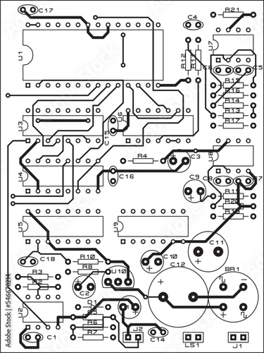 Tracing the conductors of a printed circuit board.
Vector drawing a1 of printed tracks, transition holes,
contact pads and copper metallization areas.
Silkscreen printing, assembly drawing.
