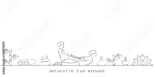 Authentic thai massage. Vector banner template with  icons for thai massage  and text space. Silhouette of a woman getting traditional thai  massage. EPS10