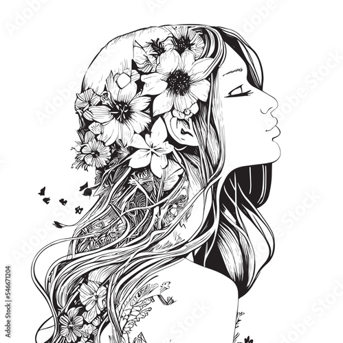 Portrait of beautiful girl with long hair in leaves sketch hand drawn Side view profile Vector illustration.