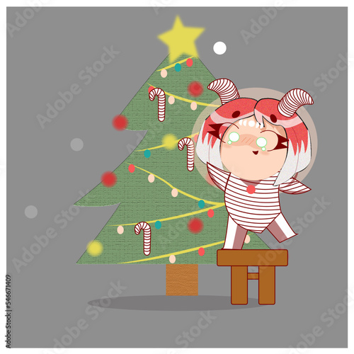 Ilustración dibujada a mano de niña y árbol de Navidad.