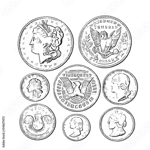 Old coins abstract retro sketch hand drawn engraving style Vector illustration.
