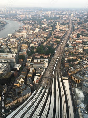 Drone view of London cityscape skyline with iconic landmark buildings photo