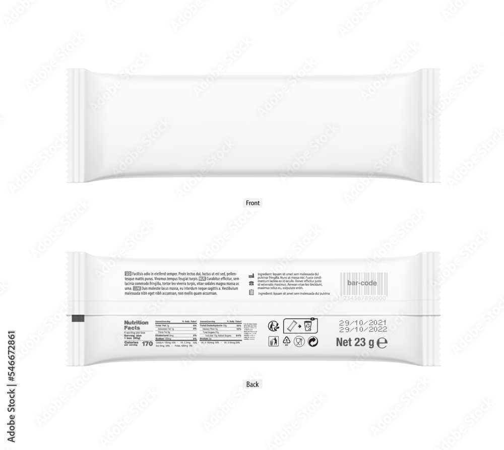 Realistic flow pack mockup set. Front and back side. Vector ...