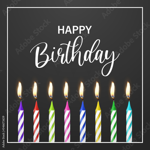 Happy Birthday. Vector Banner, Greeting Card with 3d Realistic Paraffin or Wax Burning Birthday Party Candle and Flame Set on Black Background. Design Template, Clipart, Birthday Concept