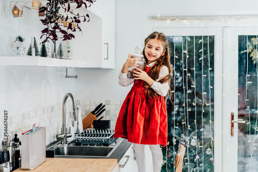 Happy smiling cute little girl kid standing on the chair and reached jar with chocolate festive cookies on the shelf on decorated for winter Christmas holidays modern kitchen. Overeating sweets Happy smiling cute little girl kid standing on the chair and reached jar with chocolate festive cookies on the shelf on decorated for winter Christmas holidays modern kitchen. Overeating sweets