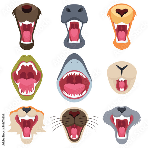 Animals mouth flat icons set. Different mouths of wild animals. Shark and crocodile jaws with sharp teeth, tiger and lion maws. Wildlife. Dangerous animals. Color isolated illustrations