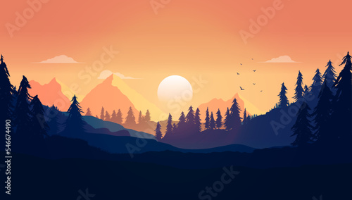 Landscape with sunrise in early morning - Vector illustration of nature scene with forest, mountain and sun in clear sky in orange, black and blue colours. Flat design
