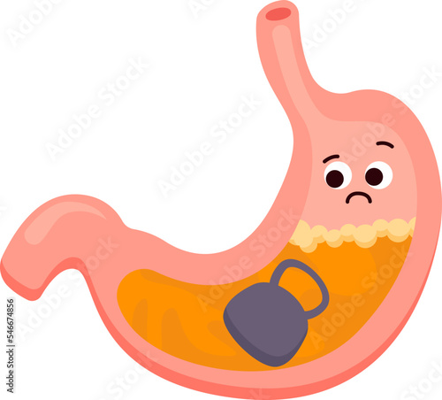Increased acidity and heaviness in cartoon stomach flat icon