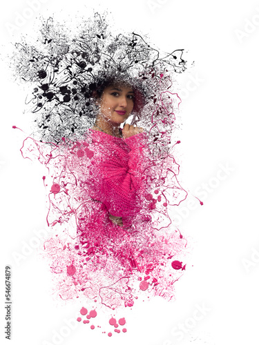 An abstraction of colored splashes of paint on a white canvas of a girl with brown hair in a black wide-brimmed hat and a pink loose jumper. Close-up. Highlighted on white. Free space for text adverti