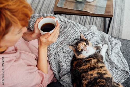 Close-up woman in a plaid drinking hot tea, petting a relaxed cat on the sofa at home. Cozy and comfortable winter or autumn weekends. Pleasant ways to keep warm. Take a break and relax