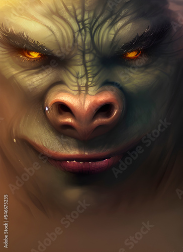 orc, cute, fantasy, portrait of scruffy haired wearing metal armour, monster