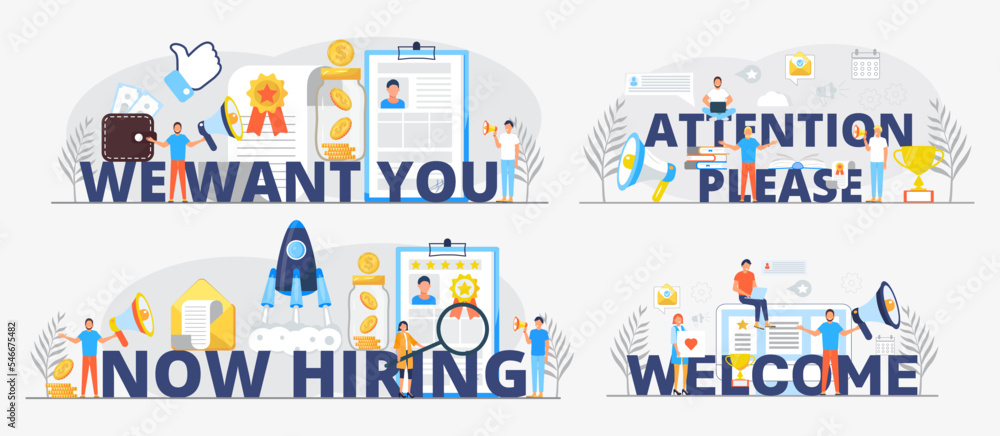 Obraz premium We want you big text with manager. Attention please big text. Now hiring banner.
